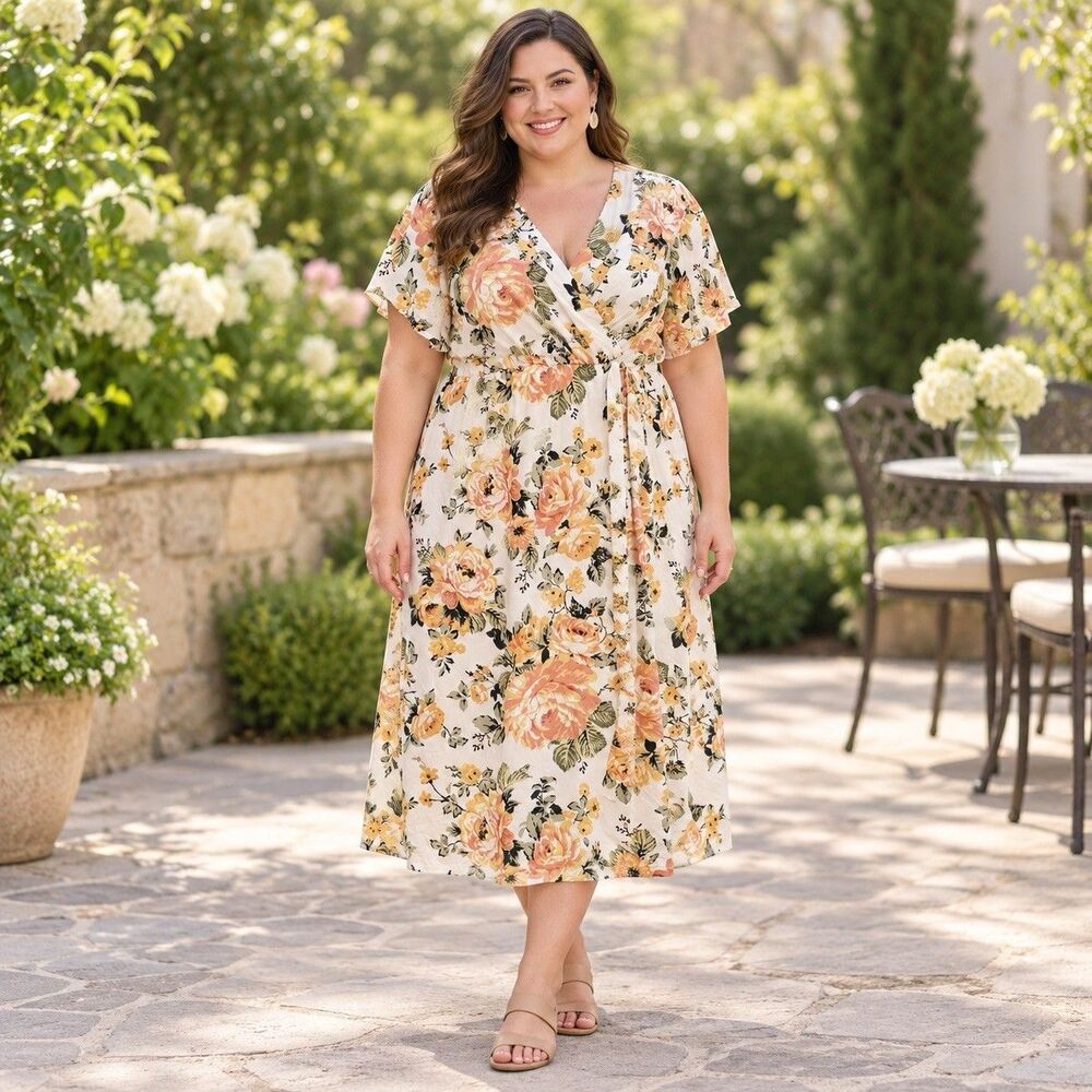 Ups & Downs Women’s 3X Ivory Floral Faux Wrap Midi Dress Tie Waist Plus Size NWT